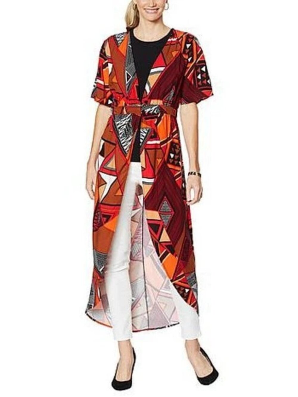 IMAN Global Chic Tribal Geometric Print Duster Dress S SP Red Multi